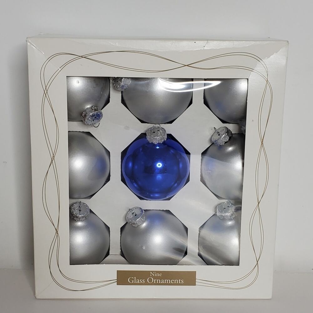 Target Large Silver + 1 blue  glass christmas Ornament set of 9 in box